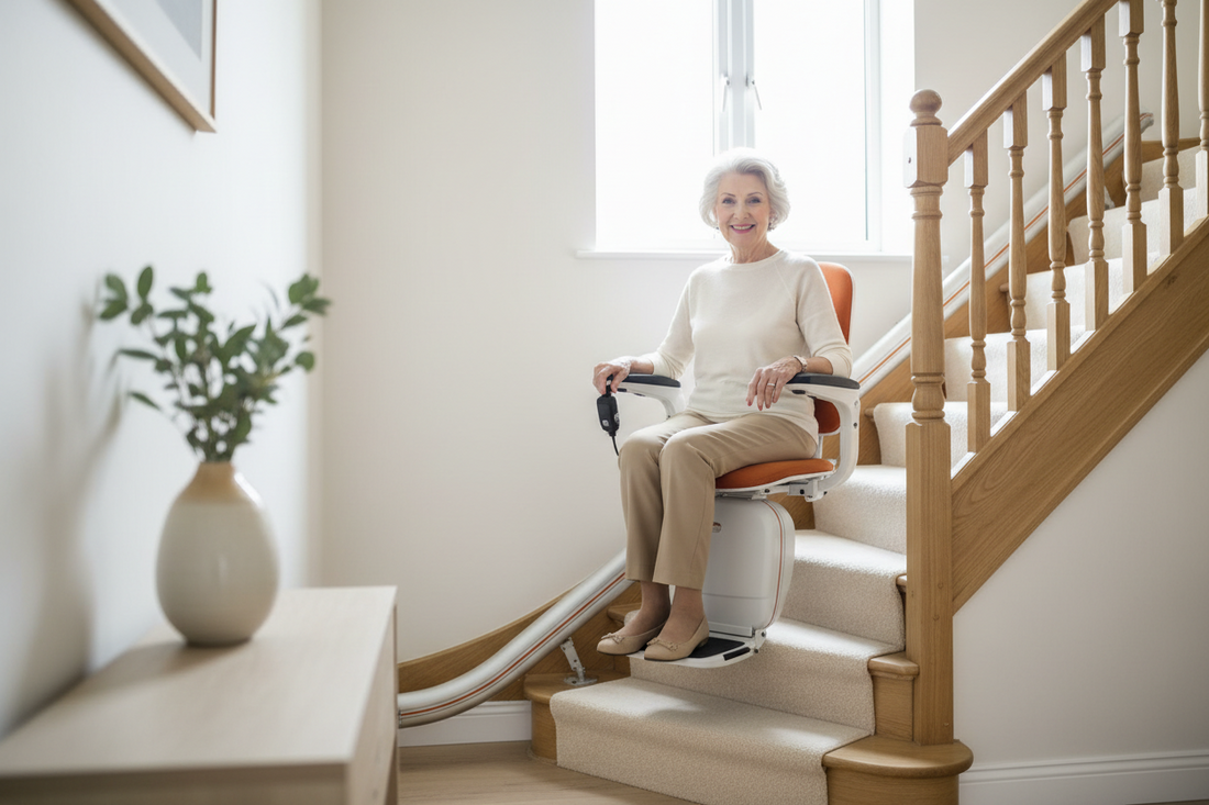 Modern stairlift installed on a bright staircase in a comfortable UK home