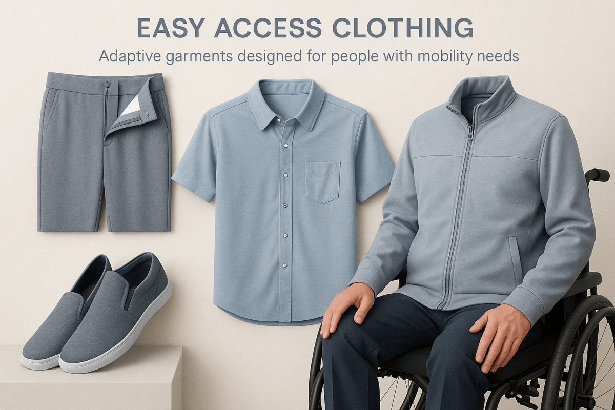 Adaptive clothing and dressing aids: polo shirt, zip jacket, trousers, slip-on shoes, person in wheelchair.