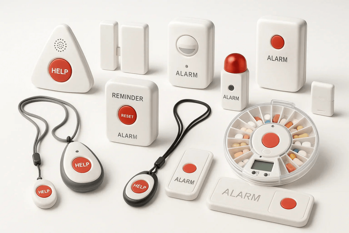 Home medical alert kit with Help and Alarm buttons, reminders, pendants, and a pill organizer wheel.