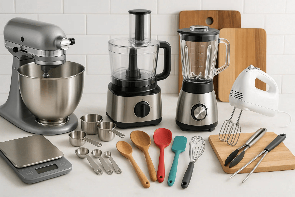 Kitchen, dining & eating aids: stand mixer, food processor, blender, scale, measuring cups and spoons, whisks.
