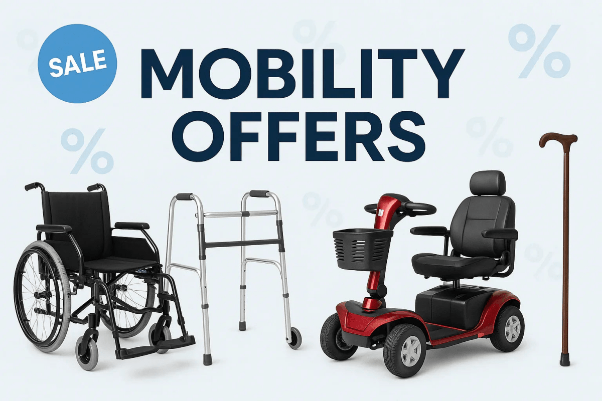Mobility Buy Sale banner showing wheelchair, walkers, rollator, red mobility scooter with basket, and cane