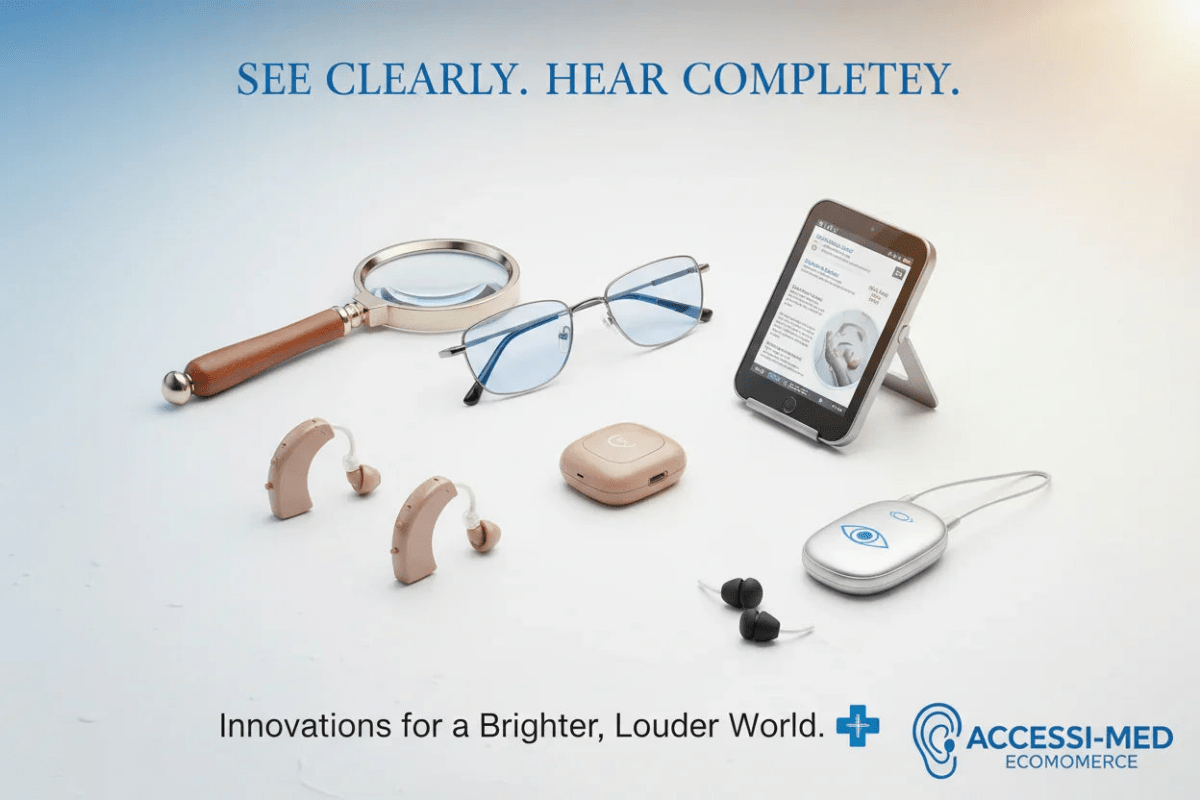 Vision, Hearing & Security Aids: glasses, hearing aids, earbuds, and smart assistive devices.