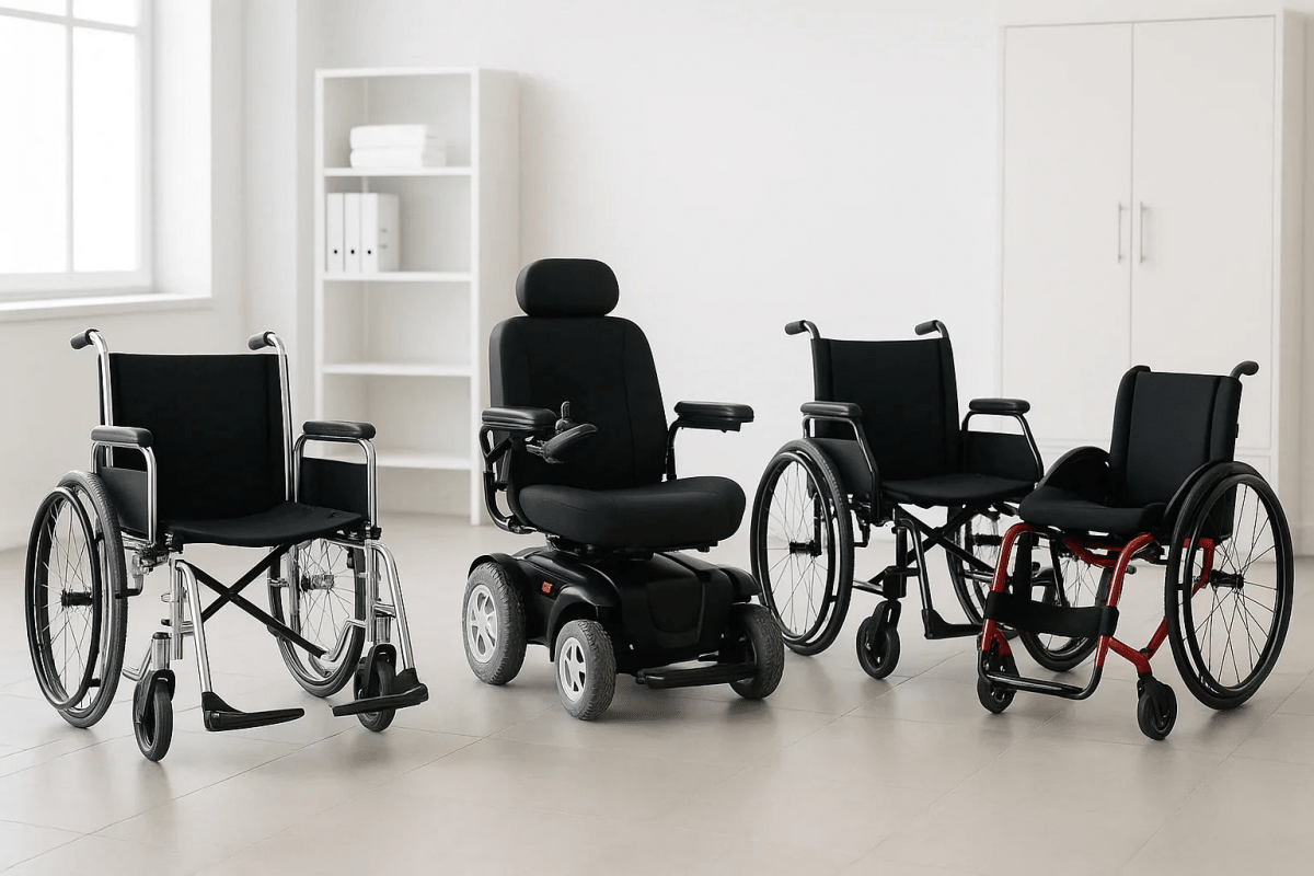 Wheelchairs, Scooters, Powerchairs & Walkers: manual wheelchair, power chair, and walker displayed.