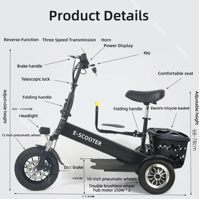 Foldable Mini Electric Tricycle For Women With Toddler Seat 500W 36V Basket - Mobility Buy