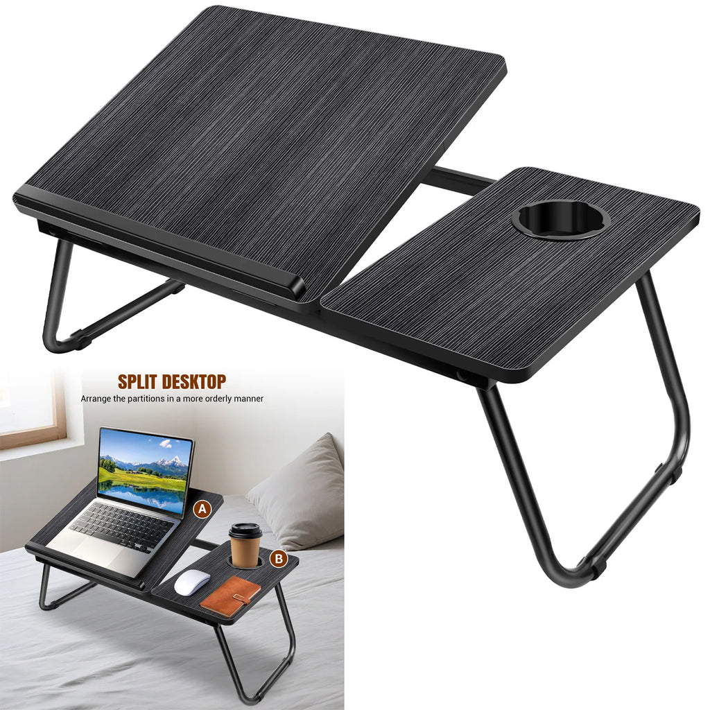 Foldable Wood Grain Laptop Desk With Adjustable Height And Cup Holder Black - Mobility Buy