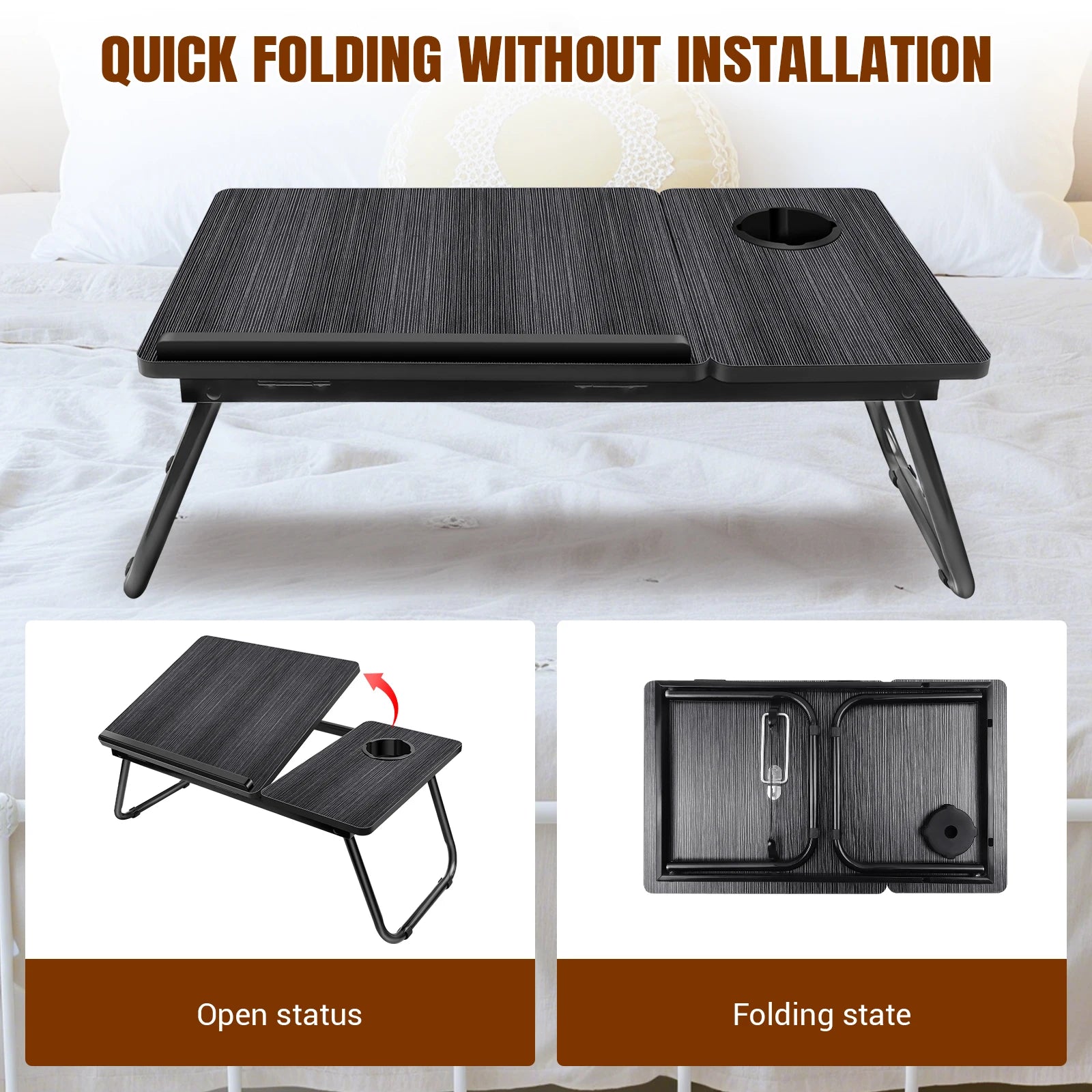 Foldable Wood Grain Laptop Desk With Adjustable Height And Cup Holder Black - Mobility Buy