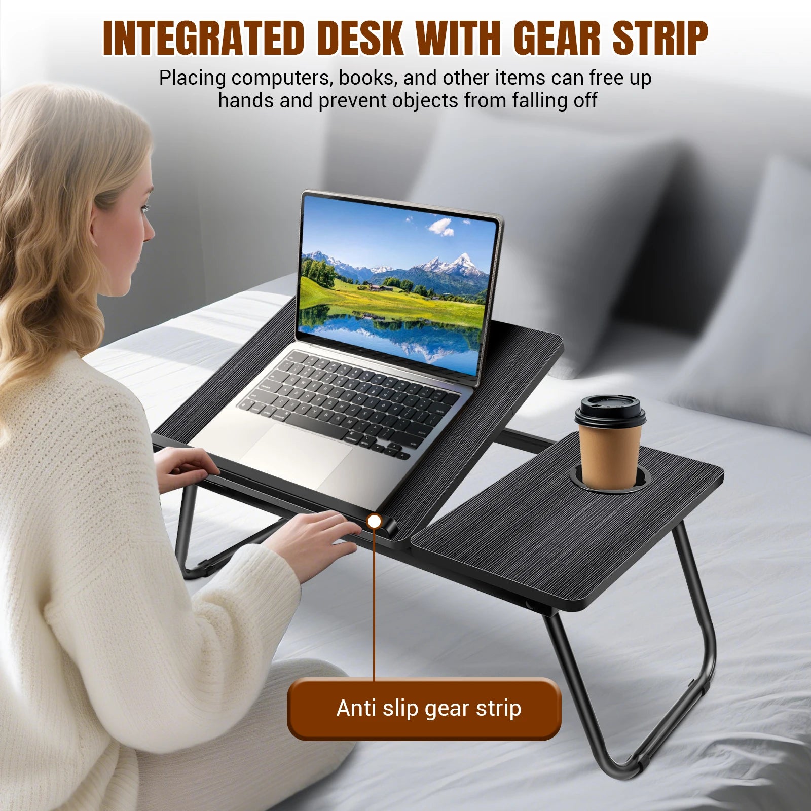 Foldable Wood Grain Laptop Desk With Adjustable Height And Cup Holder Black - Mobility Buy
