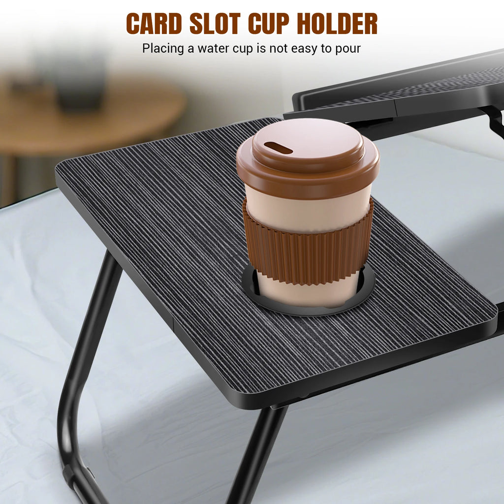 Foldable Wood Grain Laptop Desk With Adjustable Height And Cup Holder Black - Mobility Buy
