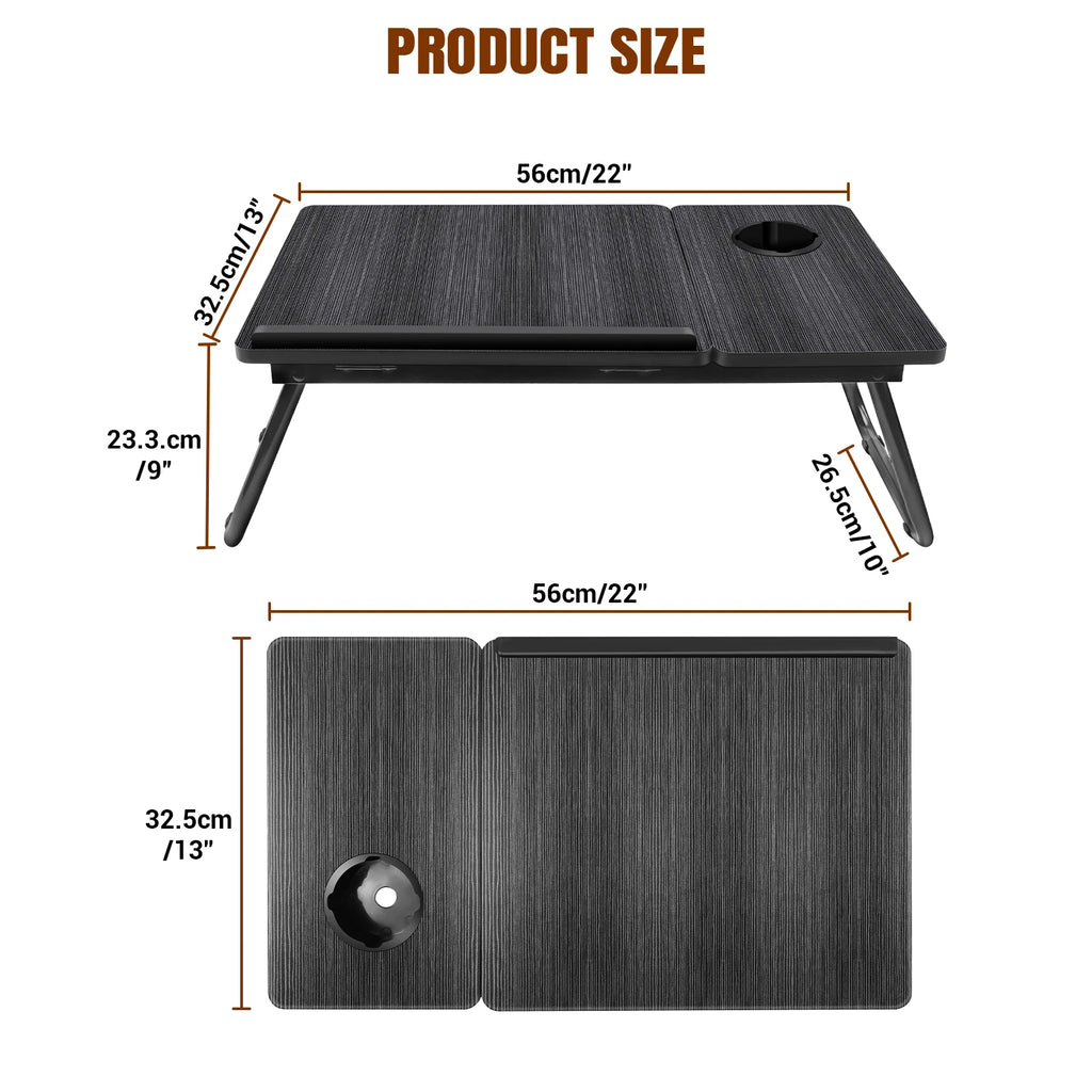 Foldable Wood Grain Laptop Desk With Adjustable Height And Cup Holder Black - Mobility Buy