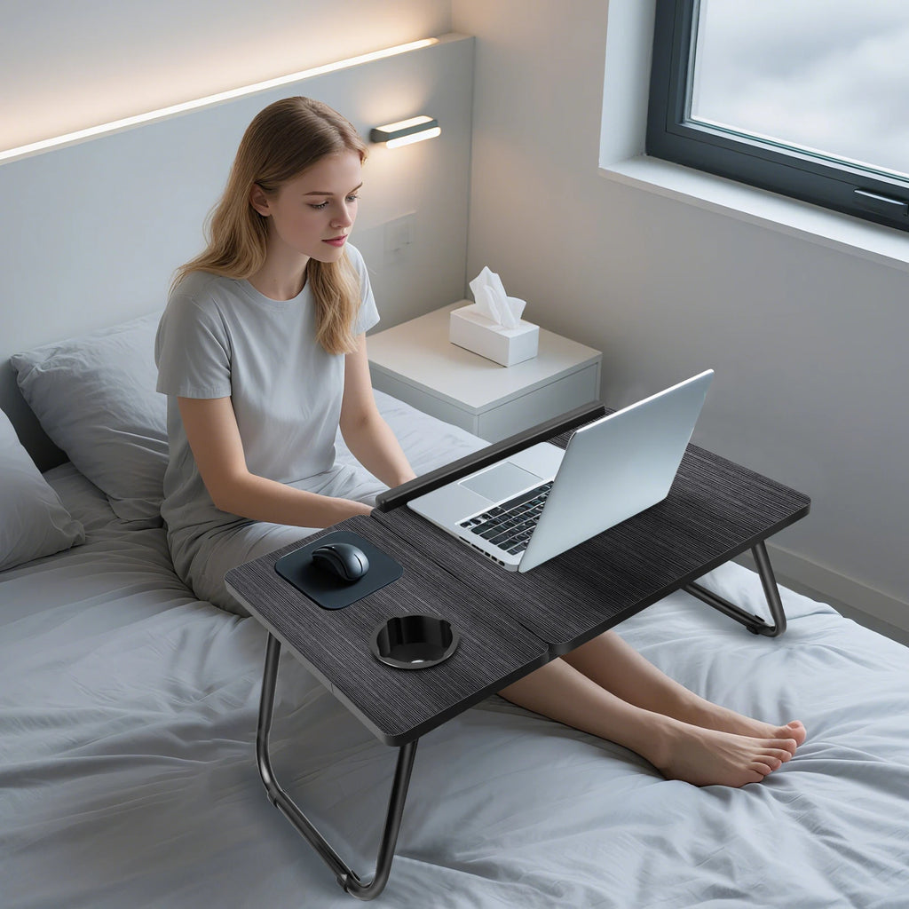 Foldable Wood Grain Laptop Desk With Adjustable Height And Cup Holder Black - Mobility Buy