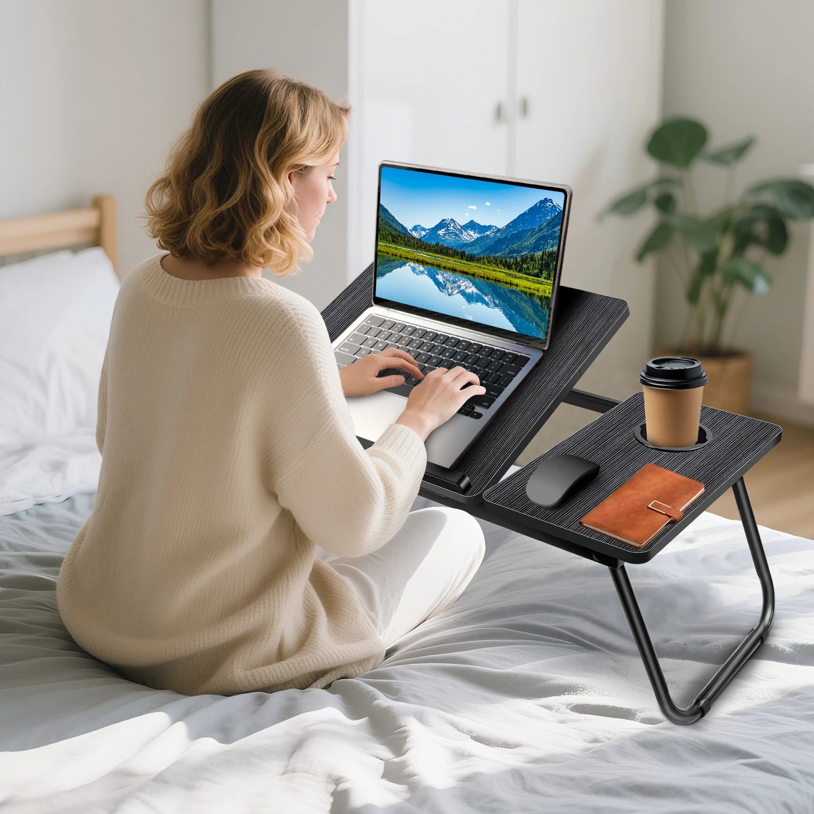 Foldable Wood Grain Laptop Desk With Adjustable Height And Cup Holder Black - Mobility Buy