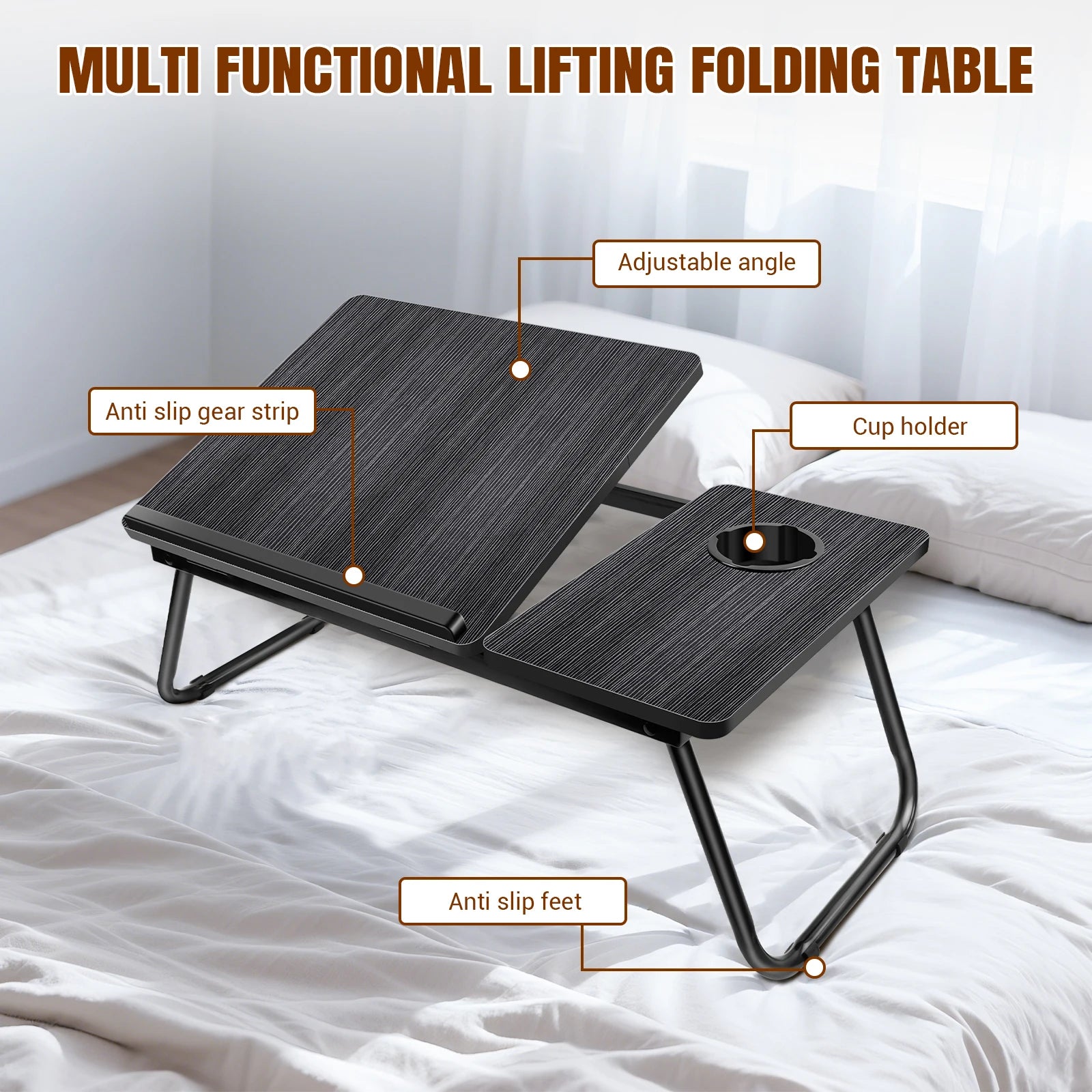 Foldable Wood Grain Laptop Desk With Adjustable Height And Cup Holder Black - Mobility Buy