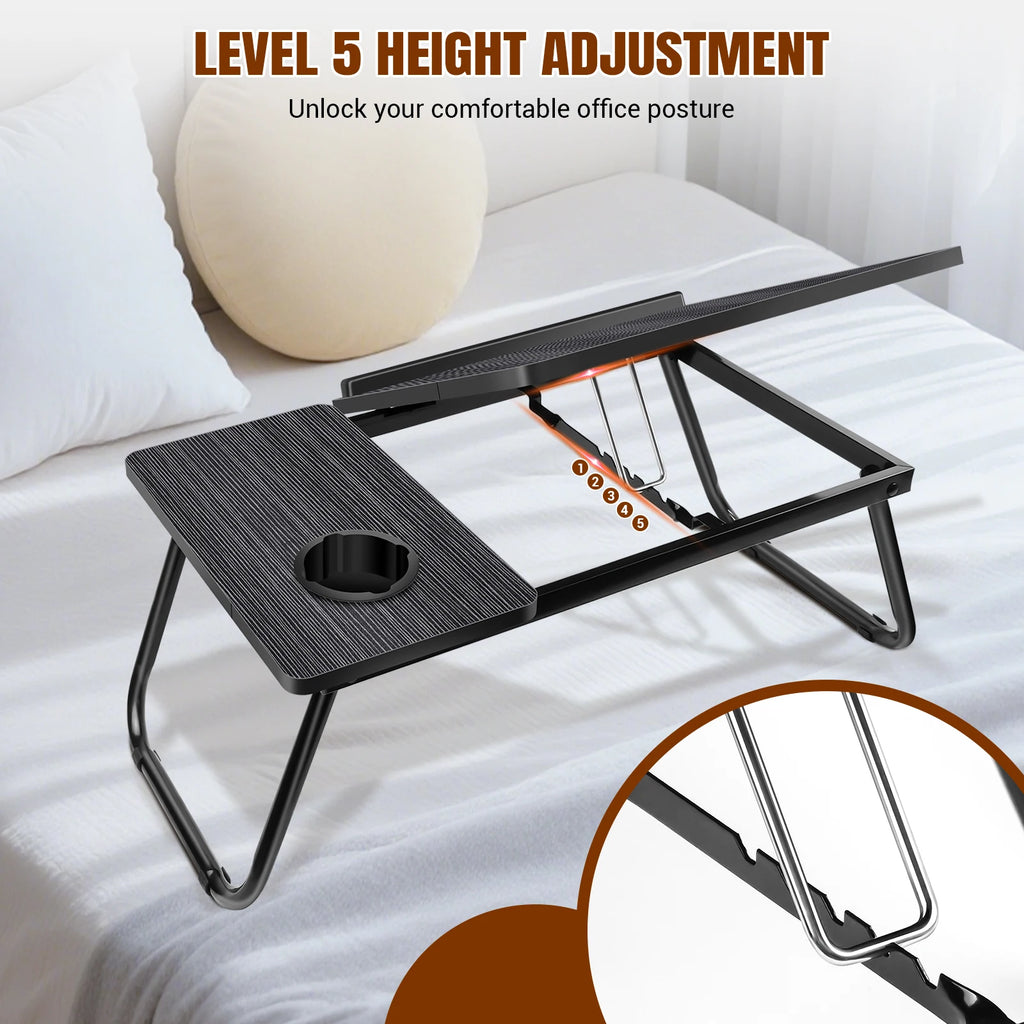 Foldable Wood Grain Laptop Desk With Adjustable Height And Cup Holder Black - Mobility Buy