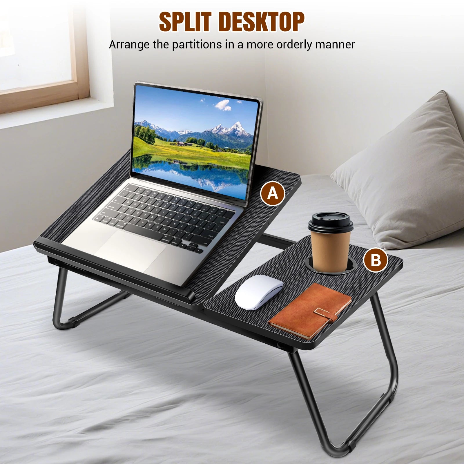 Foldable Wood Grain Laptop Desk With Adjustable Height And Cup Holder Black - Mobility Buy