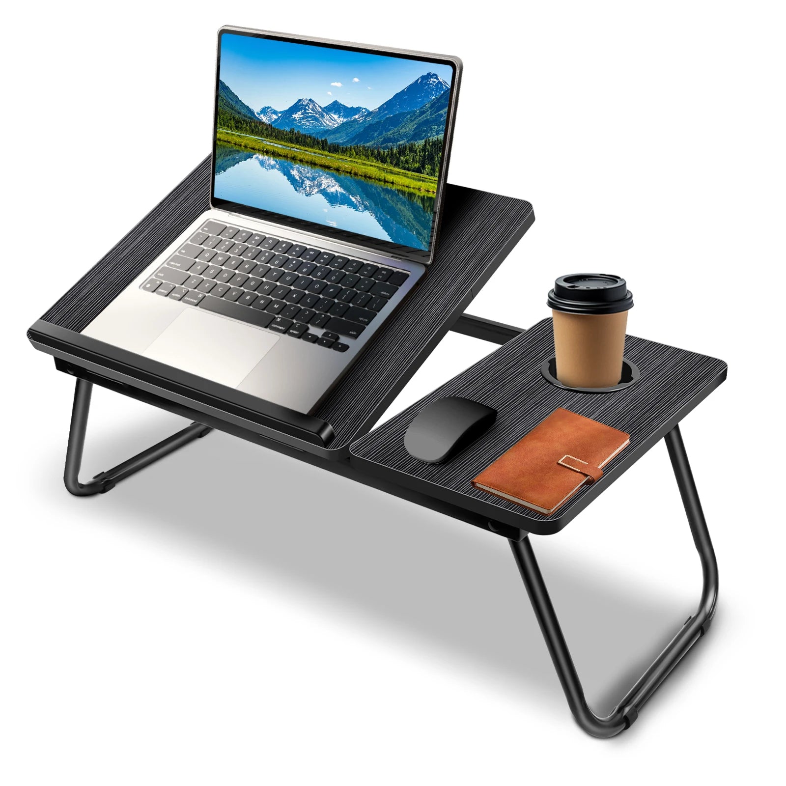Foldable Wood Grain Laptop Desk With Adjustable Height And Cup Holder Black - Mobility Buy