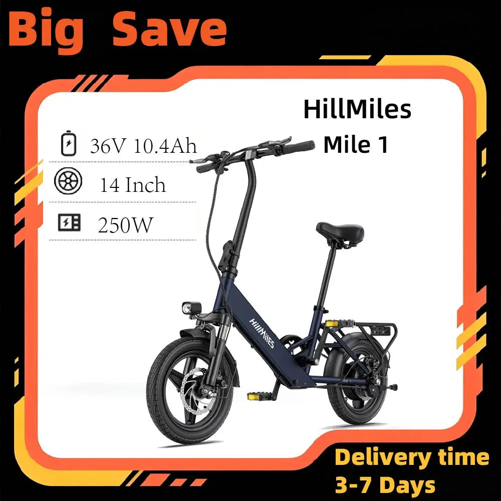 HillMiles Mile 1 Adult E Bike 250W 36V 10.4Ah 14in Fat Tire Foldable - Mobility Buy