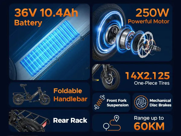 HillMiles Mile 1 Adult E Bike 250W 36V 10.4Ah 14in Fat Tire Foldable - Mobility Buy