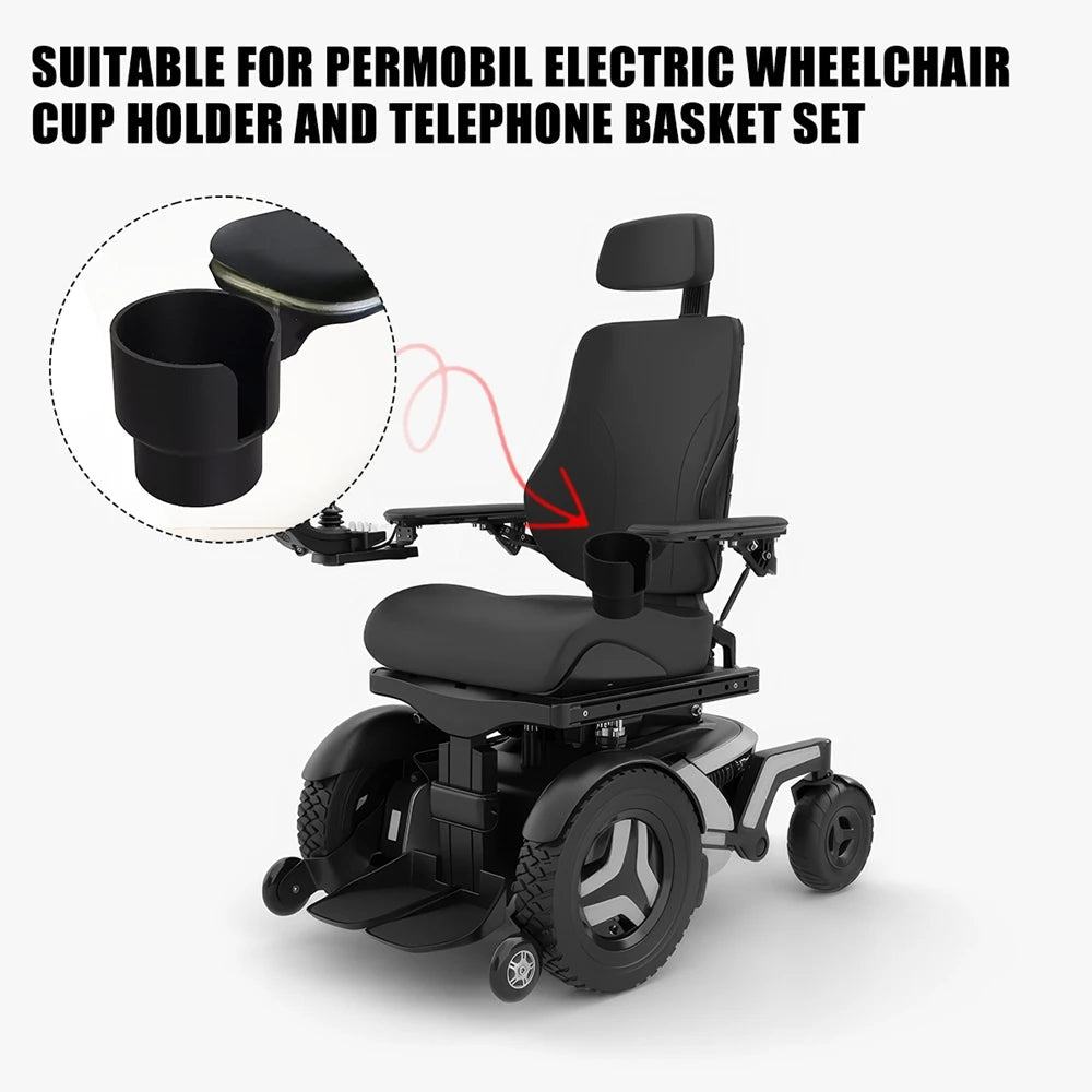 Permobil Electric Wheelchair Cup Holder And Telephone Basket Storage Box Set - Mobility Buy