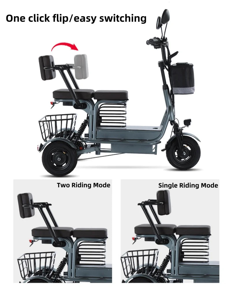 Powerful Electric Tricycle ThreeWheel For Elderly TwoSeat 800W Scooter 60Km - Mobility Buy