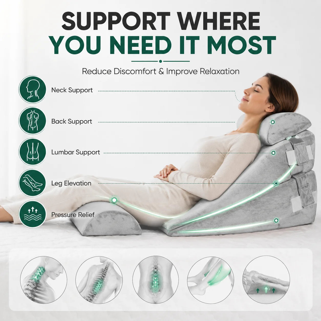 Premium 4 Piece Adjustable Wedge Pillows For Bed Ergonomic Sleep Relief - Mobility Buy