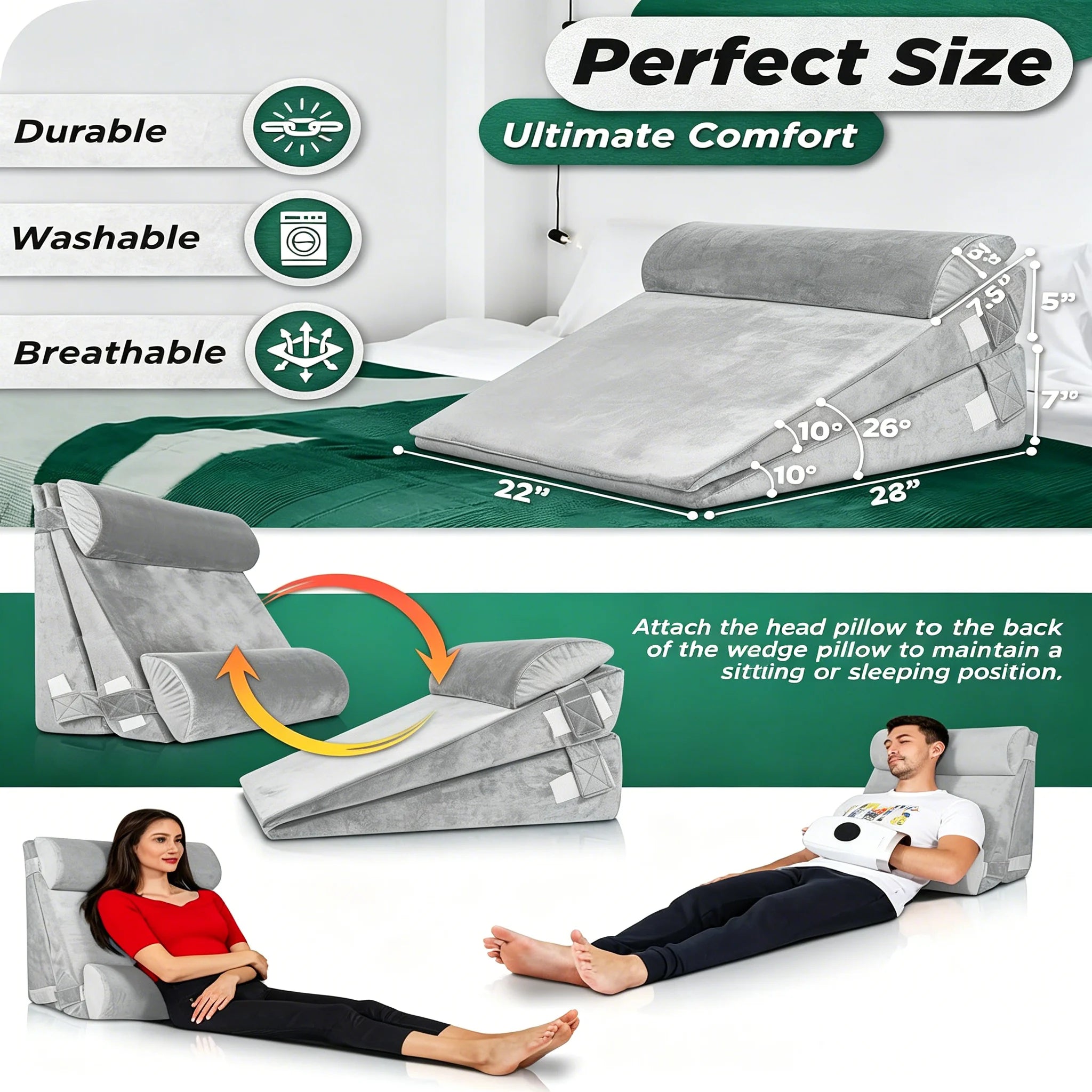 Premium 4 Piece Adjustable Wedge Pillows For Bed Ergonomic Sleep Relief - Mobility Buy