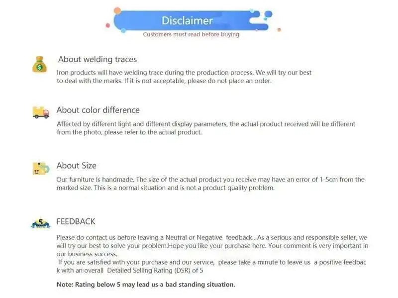 Mobility Buy portable foldable adult bathtub disclaimer page with notes on welding traces, color difference, and size.