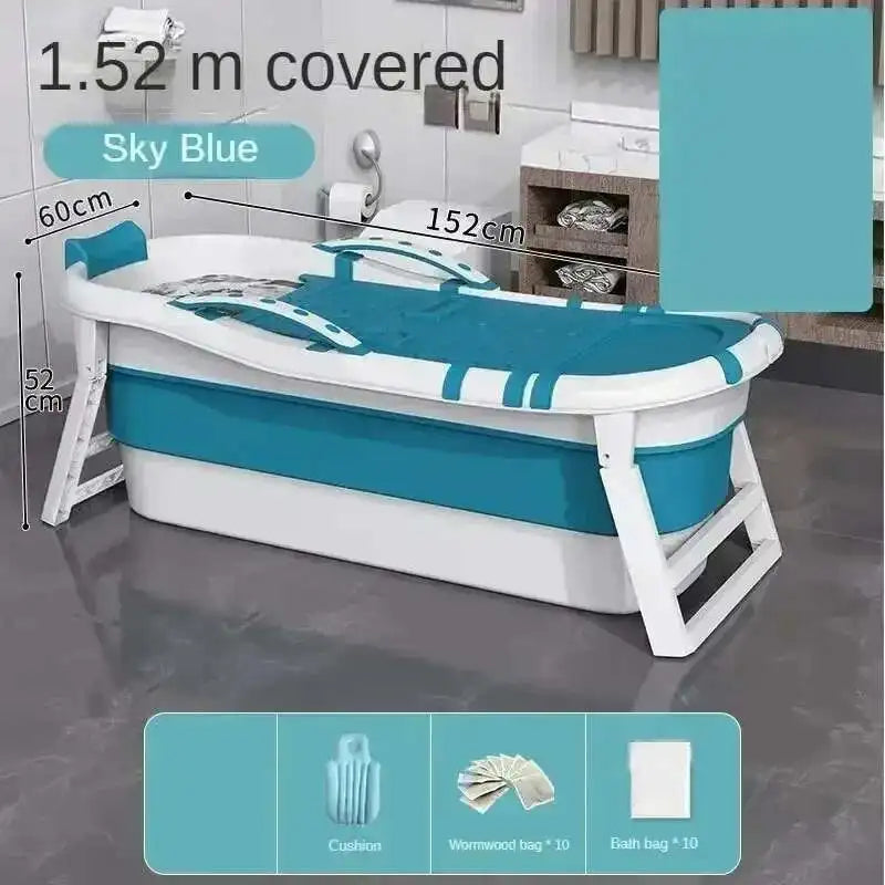 Mobility Buy portable foldable adult bathtub in sky blue and white, full-body tub with foldable legs