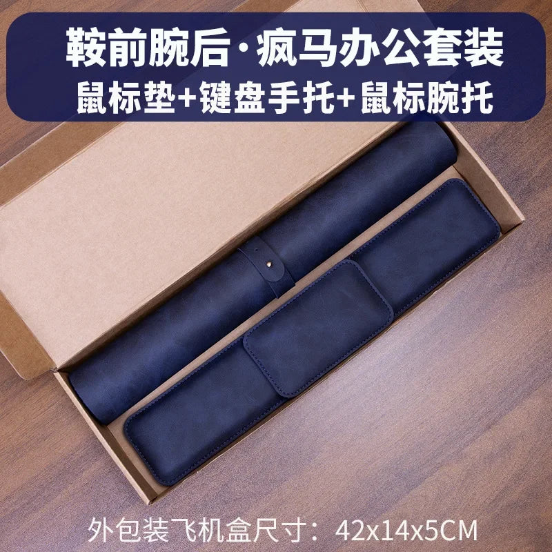 Three-piece navy blue waterproof PU desk mat set: large mouse pad, keyboard wrist rest, and mouse wrist rest