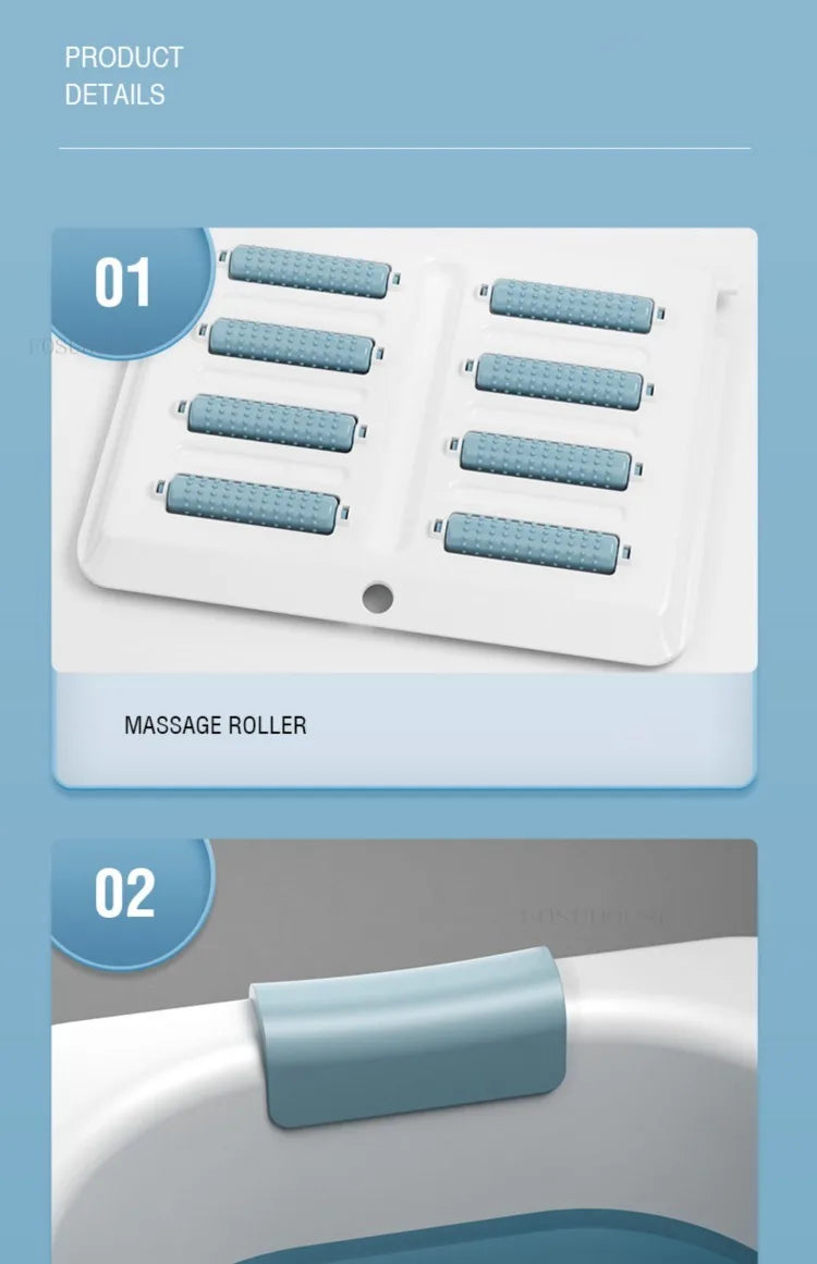 Portable folding bathtub for adults, white tub with blue massage rollers, MobilityBuy.com