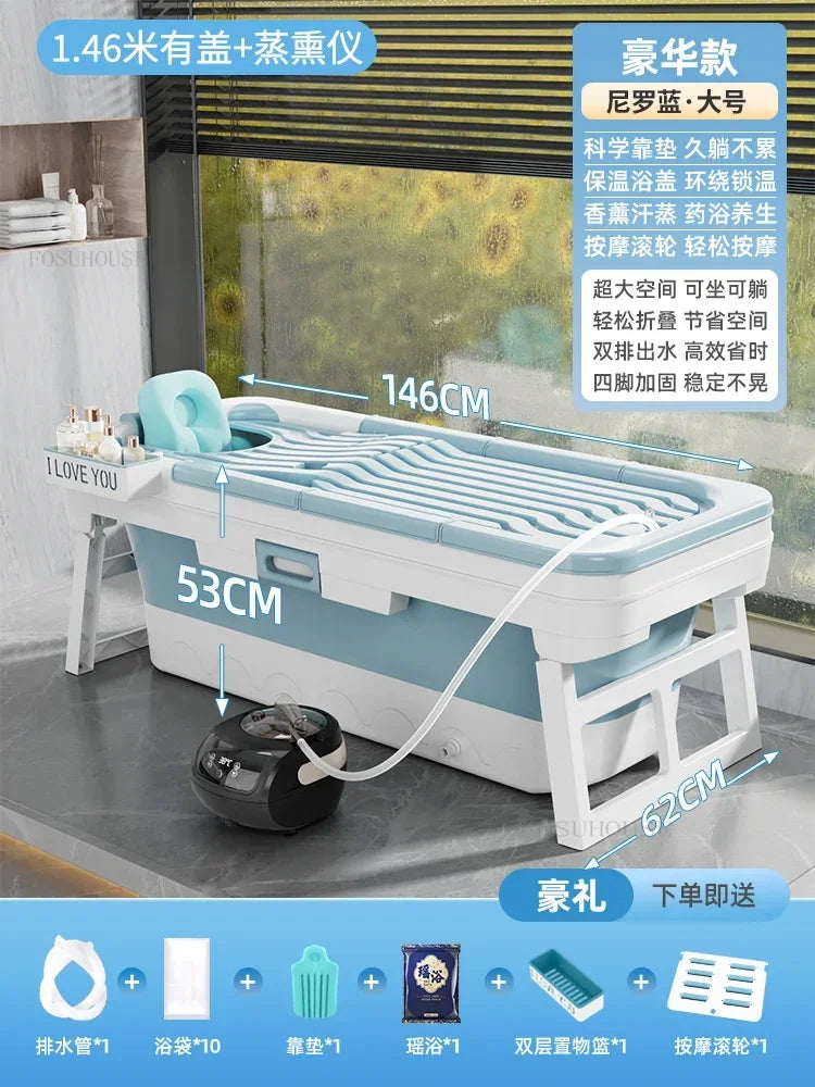 Portable folding bathtub for adults ice bath spa, blue and white plastic with lid and pump