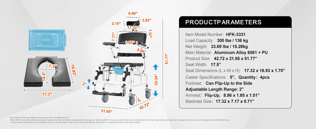 Shower Wheelchair  17.5in Width Bathroom Wheelchair