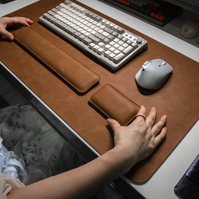 MobilityBuy.com brown PU leather desk mat set: large mouse pad, keyboard mat, and wrist rest (3 pieces)