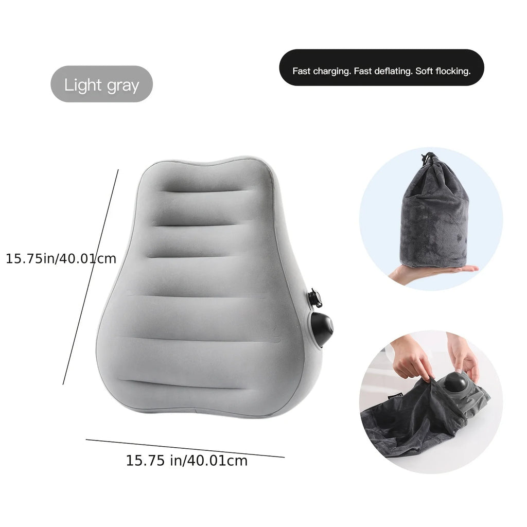 MobilityBuy.com ergonomic inflatable lumbar support pillow, light gray with inflation valve and carry bag