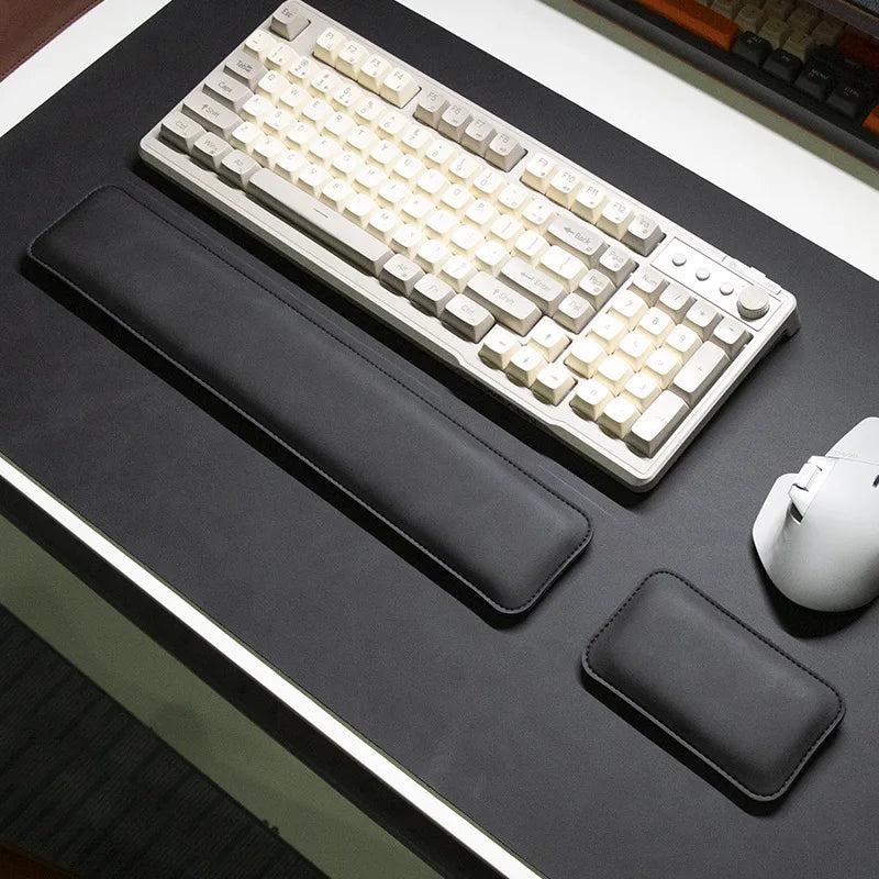 Desk mat three-piece set: large waterproof PU black mouse pad with long wrist rest and small palm pad