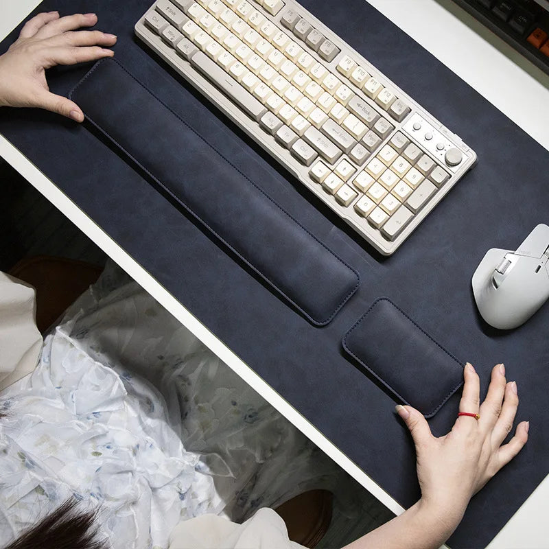 Desk mat waterproof PU mouse pad with long and short wrist rests, navy blue
